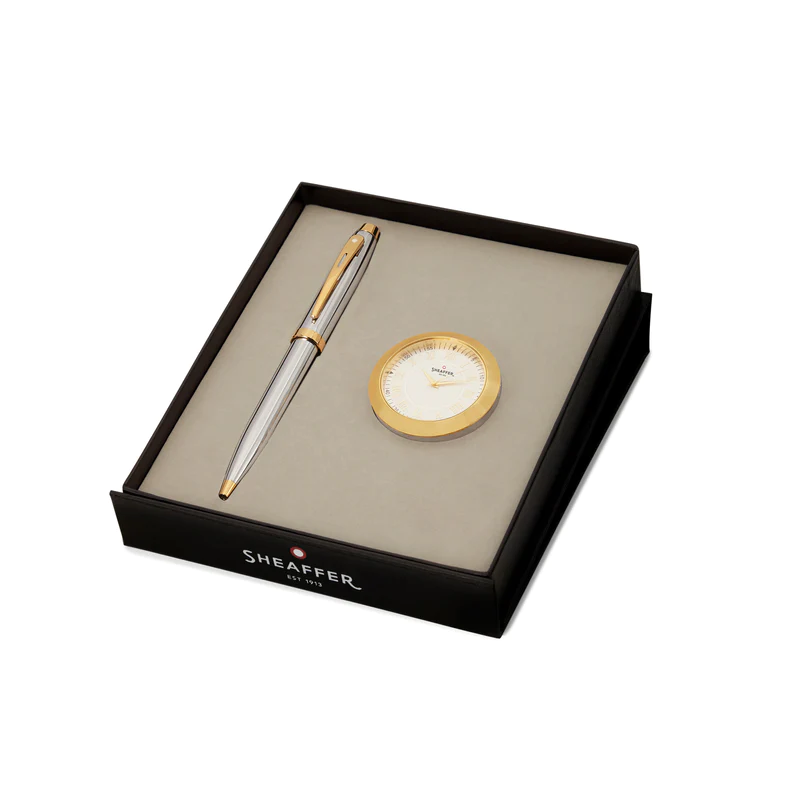 Sheaffer Gift Set Ft. Chrome 100 Ballpoint Pen With Gold Trims & Table Cloak